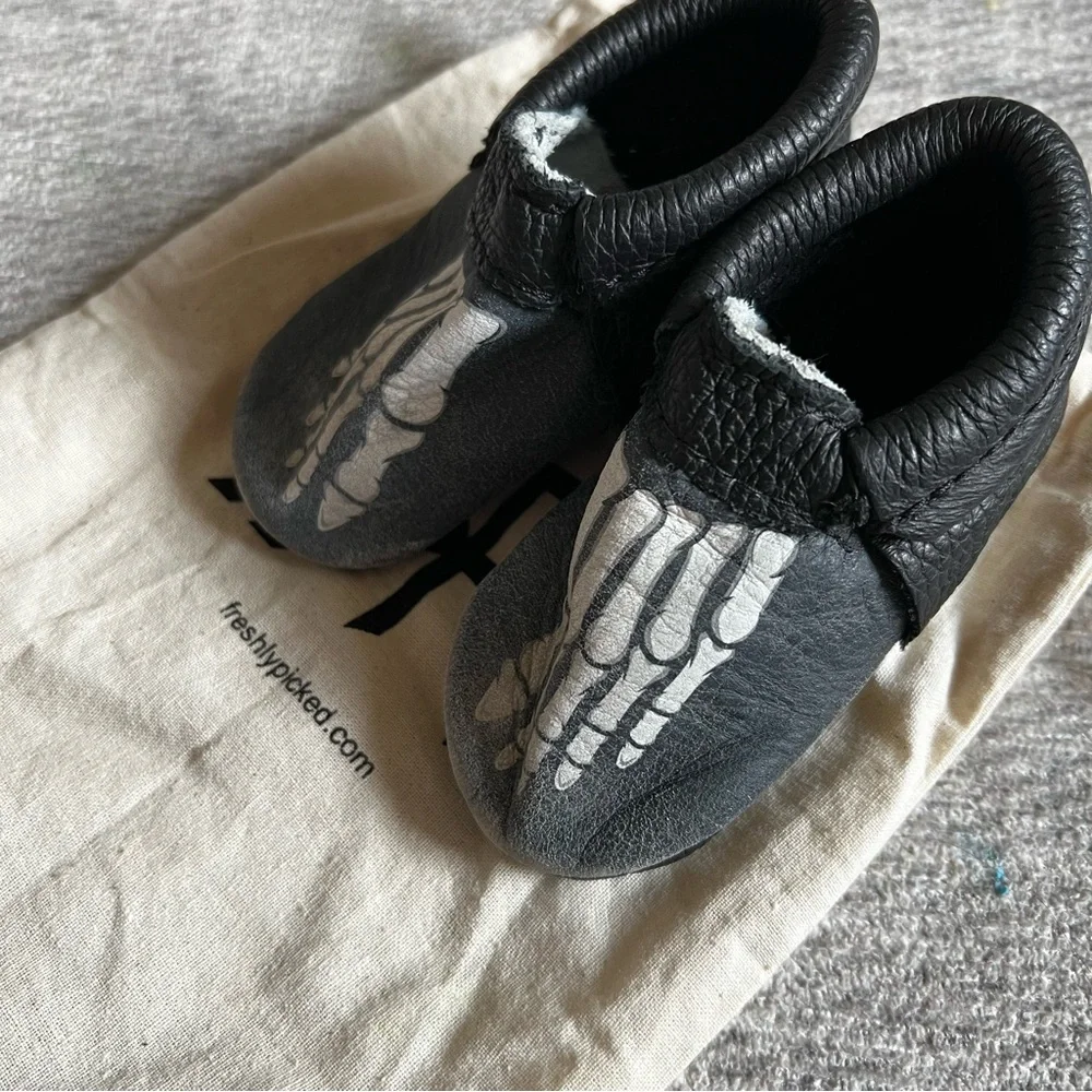 Freshly Picked Black Skeleton Kids Moccasins Shoes Size 3